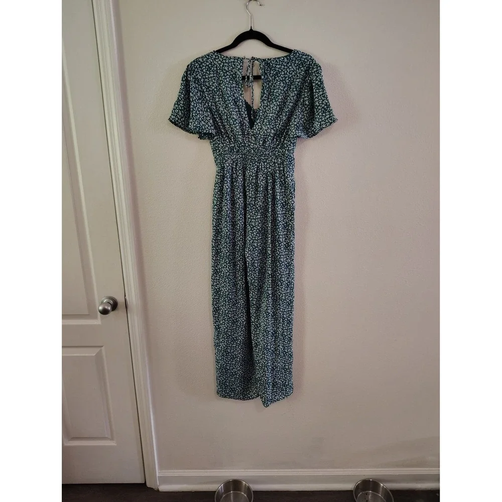 Blue Rain Teal Floral Wide Leg Jumpsuit XS Flutter Sleeve V-Neck Back Tie Cutout